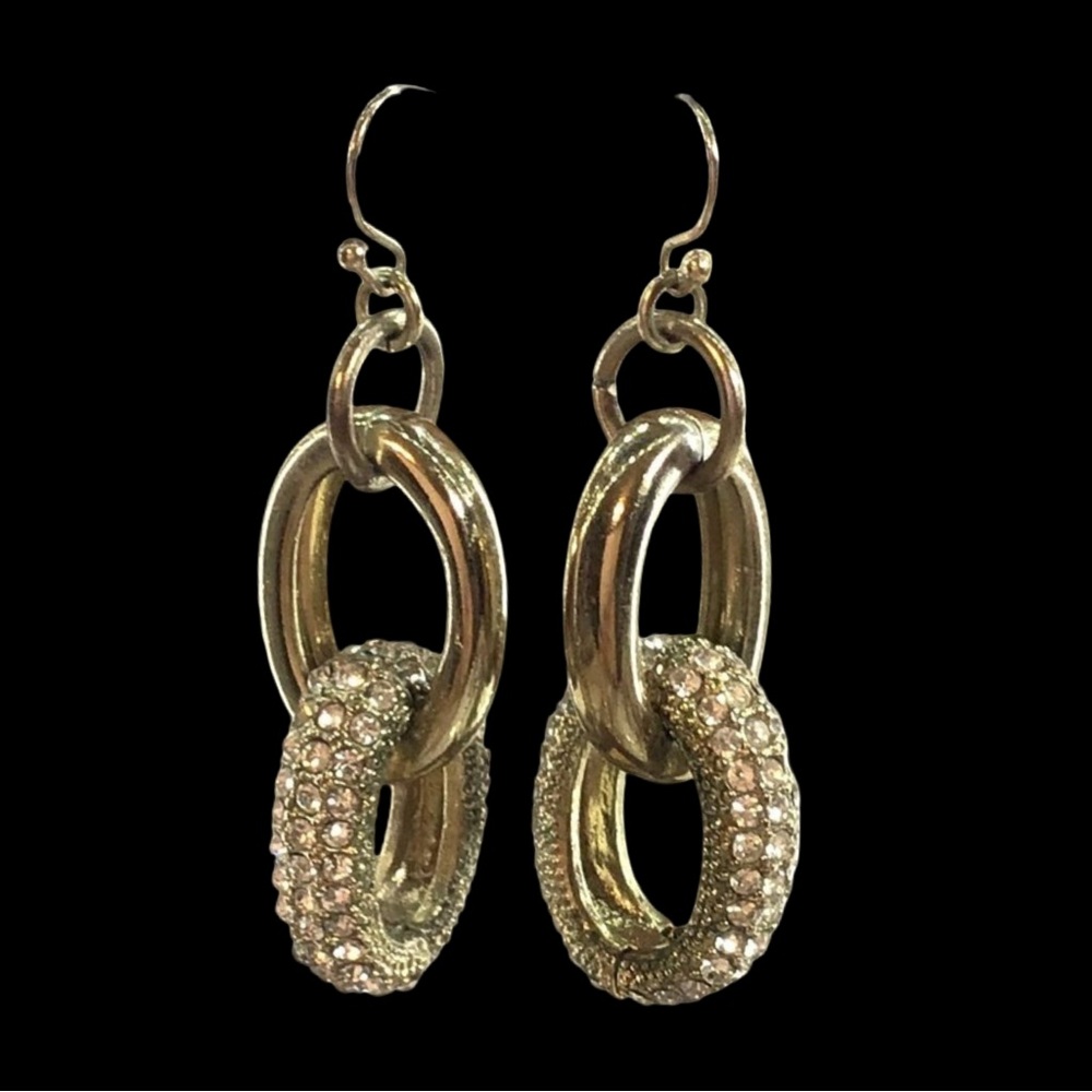 Gold Tone Double Hoop Earrings With Rhinestone Accents